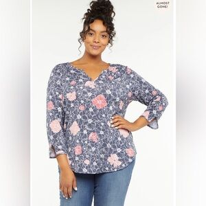 NYDJ Grey and Pink Floral Haven Blossoms Blouse With 3/4 Sleeves Size 1X